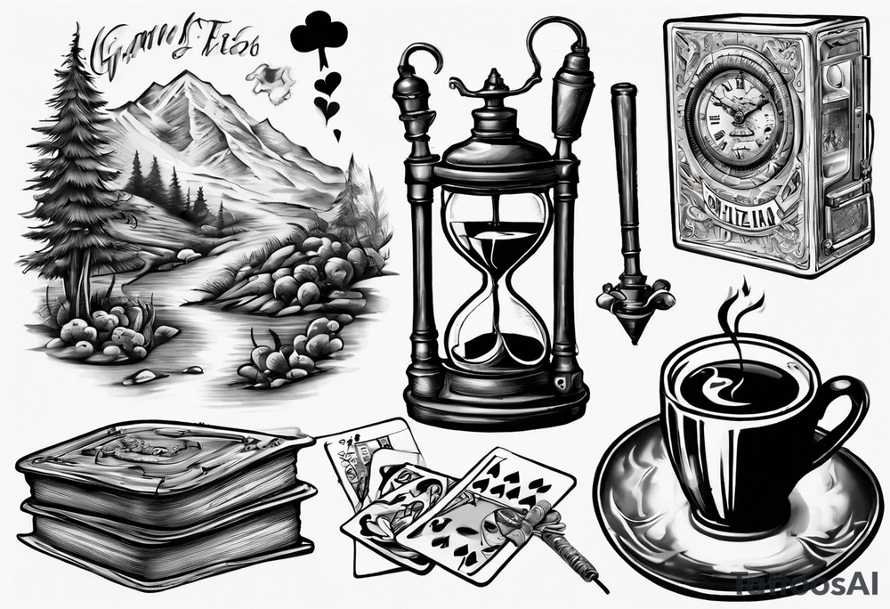 mounting landscape.
In a middle an antique clock at 9:44pm. across the tattoo a cinema film. And on top a game of poker 4 cards. a Grandma's walking stick and 
A real Italian coffee maker. tattoo idea