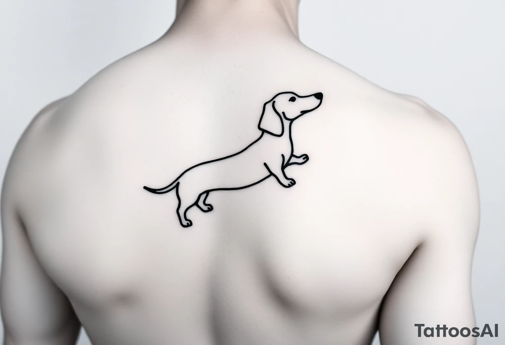 A minimalist black and white tattoo design featuring a dachshund (sausage dog). The dog’s long body forms a continuous, single bold line that wraps around the arm in a spiral, starting with the tail and ending with the head and face. The design should look elegant, clean, and playful, emphasizing the dachshund’s elongated shape and flowing movement around the arm. tattoo idea
