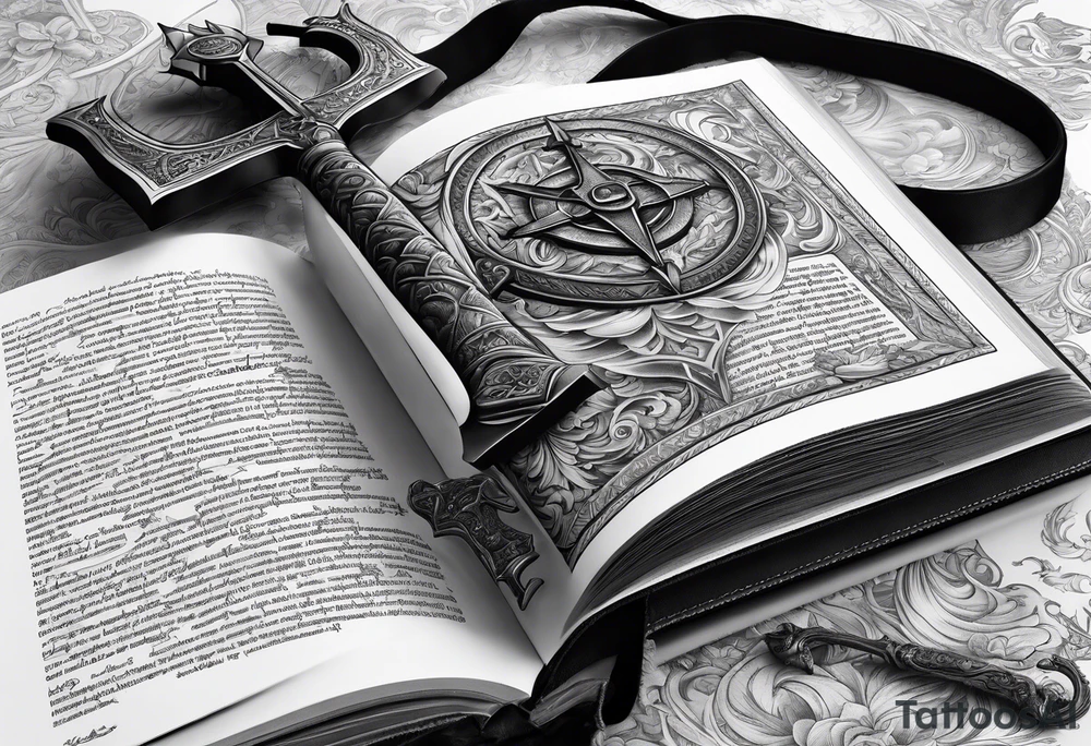 An opened bible with a battle Axe tattoo idea
