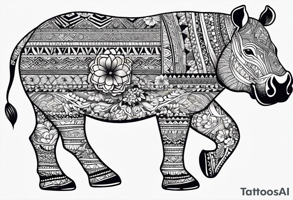 A foot long 2.5inches wide portrait orientation tattoo, containing a detailed hippo head with tribal patterns in the middle, a full moon on the upper side, and some wintersweet flowwer on the bottom side, these three components are connected with arches, lines, little geometric patterns, the lines will ne fine and narrow tattoo idea