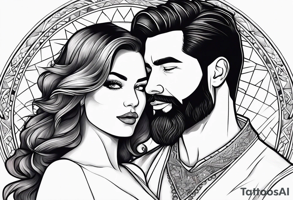Busty red haired woman with a bearded man who has black hair getting married tattoo idea