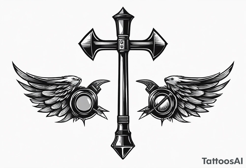 crossed miner's hammer and pick are between the canary's raised wings tattoo idea