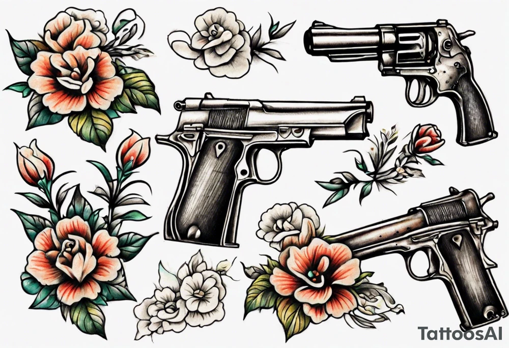 Gun with flowers sketch old school styles tattoo idea