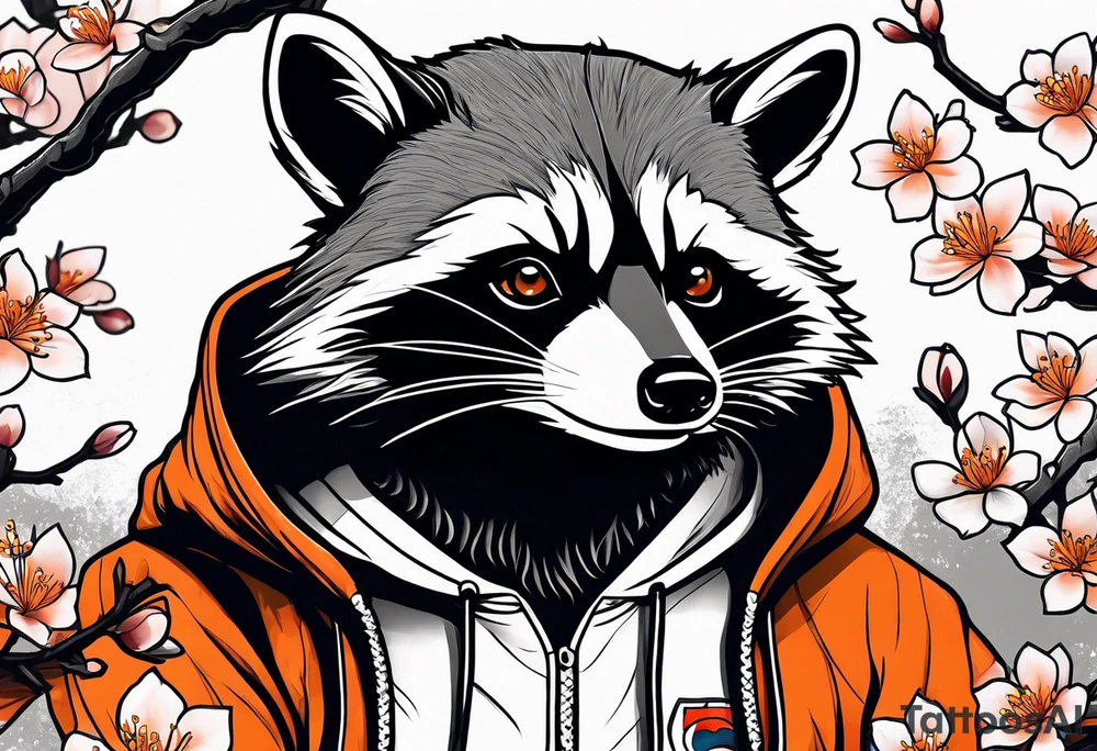 Raccoon wearing a white Superman logo on a black hoodie and orange Japanese cherry blossoms tattoo idea