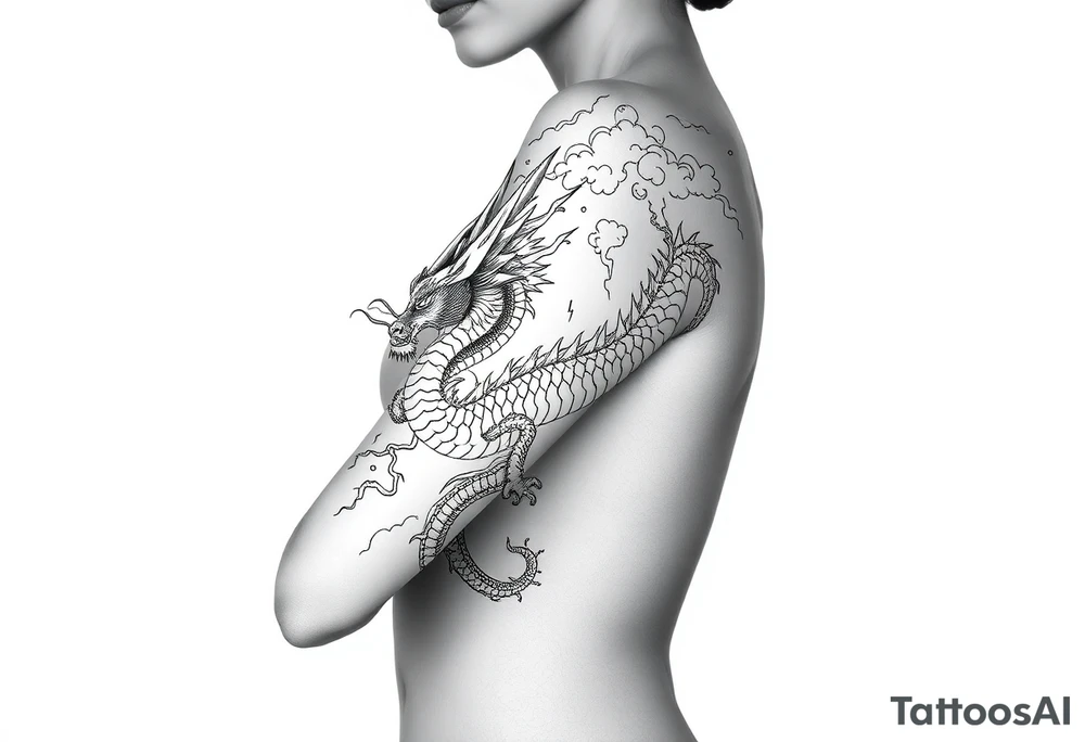 storm clouds and lightning mixed throughout, eastern dragon wrapping around the arm, tattoo idea