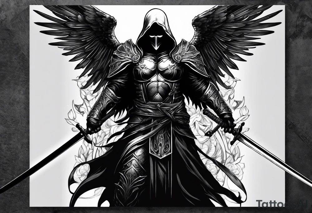 realistic angel of death, man, full body, no face visible, holding one sword, sword pointing downwards, both hands are holding the sword tattoo idea
