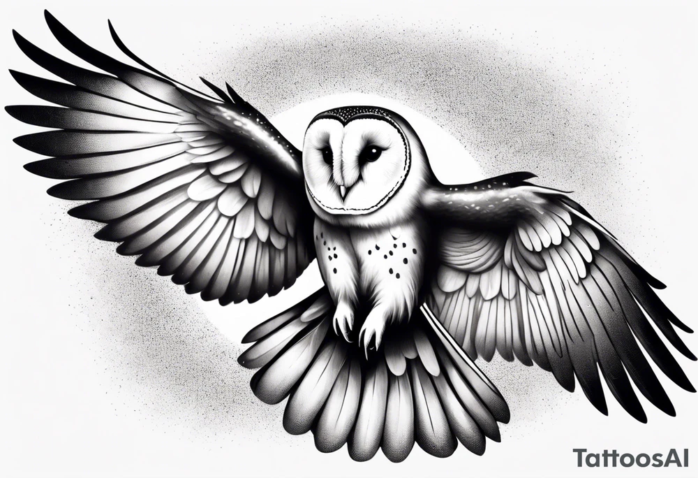 Barn Owl with wings open reaching out to catch food tattoo idea