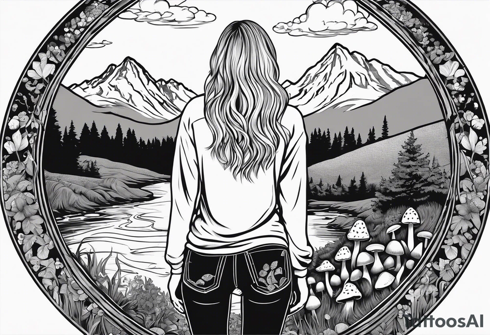 Whole picture encircled fully

Straight long blonde hair hippie girl in distance holding mushrooms in hand facing away toward mountains and creek surrounded by mushrooms long sleeve shirt and hiking pants; whole rendering within a full circle, no cut off circle tattoo idea