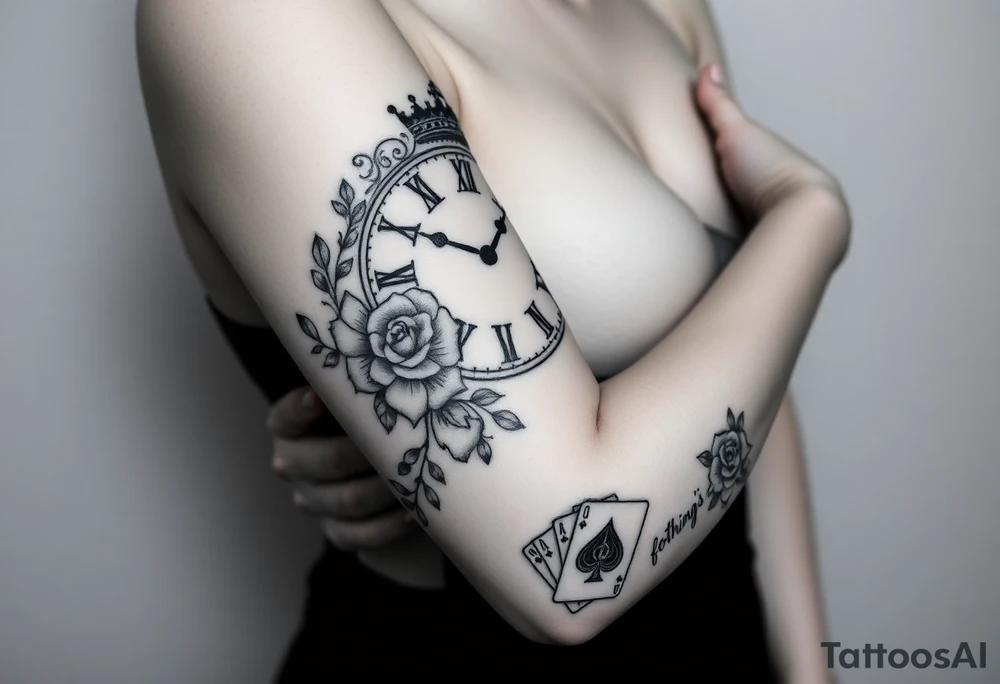 Roman clock with roses and a crown, a quote that says nothings forever. and on the bottom a deck of cards tattoo idea