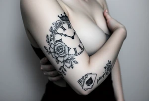 Roman clock with roses and a crown,  a quote that says nothings forever. and on the bottom a deck of cards tattoo idea