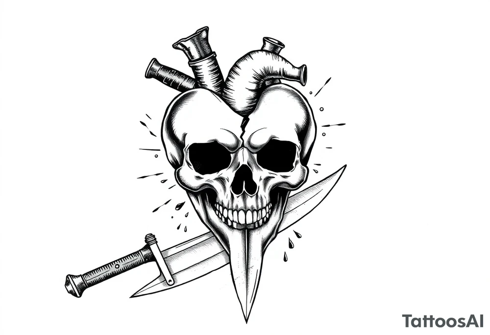 A broken heart with a shadow skull and a knife showing no remorse with all my pains in my life tattoo idea