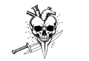 A broken heart with a shadow skull and a knife showing no remorse with all my pains in my life tattoo idea