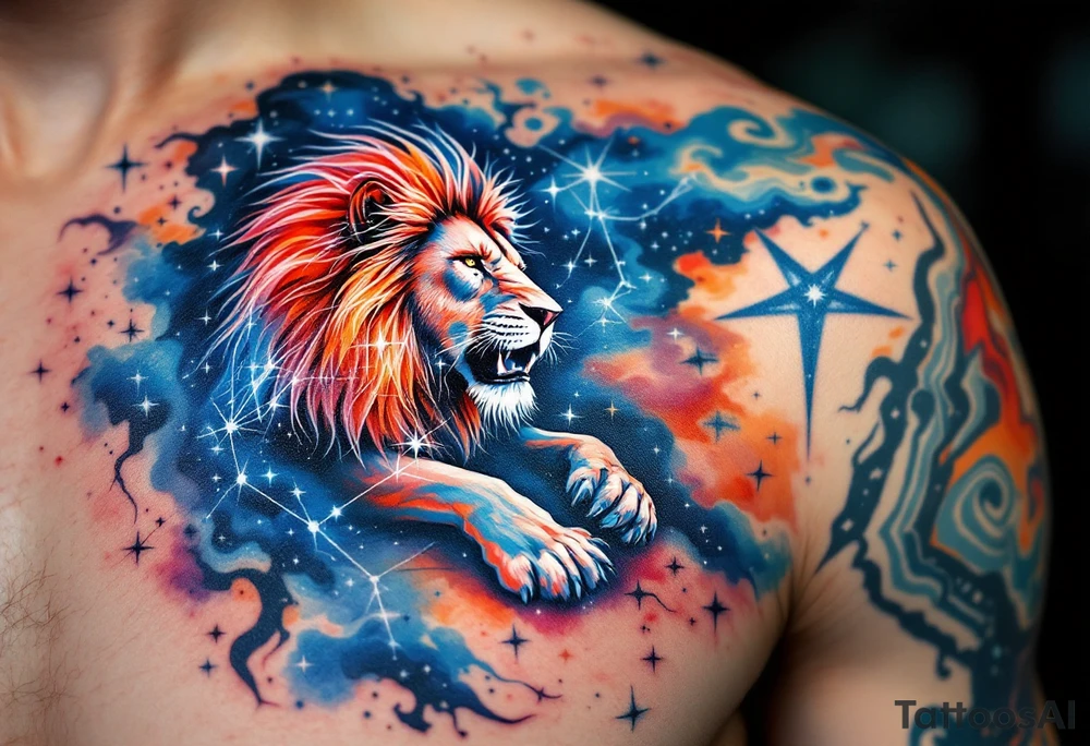 A fierce lion outlined in stardust white roams across a watercolor canvas of midnight blues and fiery oranges with bold Lion star constellation tattoo idea