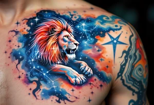 A fierce lion outlined in stardust white roams across a watercolor canvas of midnight blues and fiery oranges with bold Lion star constellation tattoo idea