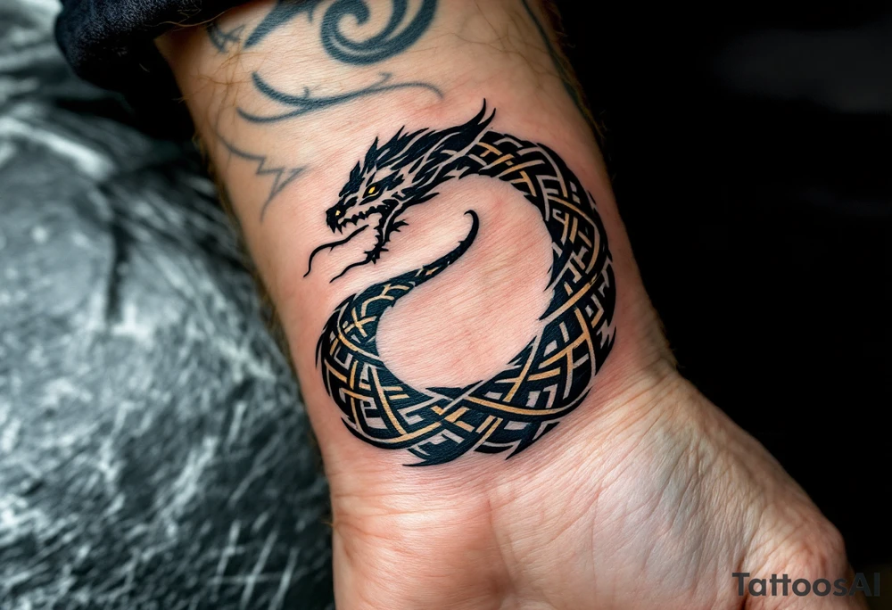 Ouroboros in Celtic Style (Snake Eating Tail)
Circular snake made of knots devouring its tail, symbolizing eternity. Inked in dark green and oxidized bronze. tattoo idea