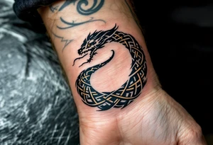 Ouroboros in Celtic Style (Snake Eating Tail)
Circular snake made of knots devouring its tail, symbolizing eternity. Inked in dark green and oxidized bronze. tattoo idea
