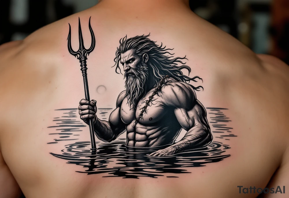 young, happy, fit poseidon in calm water, holding a trident, drinking a beer, with sunset, with ski boat tattoo idea