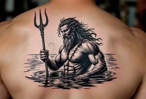young, happy, fit poseidon in calm water, holding a trident, drinking a beer, with sunset, with ski boat tattoo idea