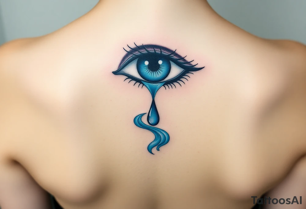 Teary eye with a dripping teardrop morphing into a flowing river, with gentle blue gradients tattoo idea