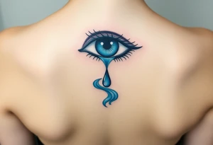 Teary eye with a dripping teardrop morphing into a flowing river, with gentle blue gradients tattoo idea