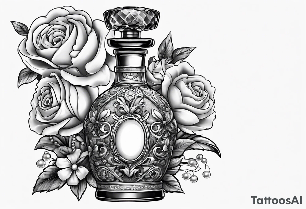 Pearl necklace wrapped around 1950s perfume bottle with flowers and bows surrounding tattoo idea