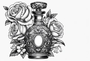 Pearl necklace wrapped around 1950s perfume bottle with flowers and bows surrounding tattoo idea