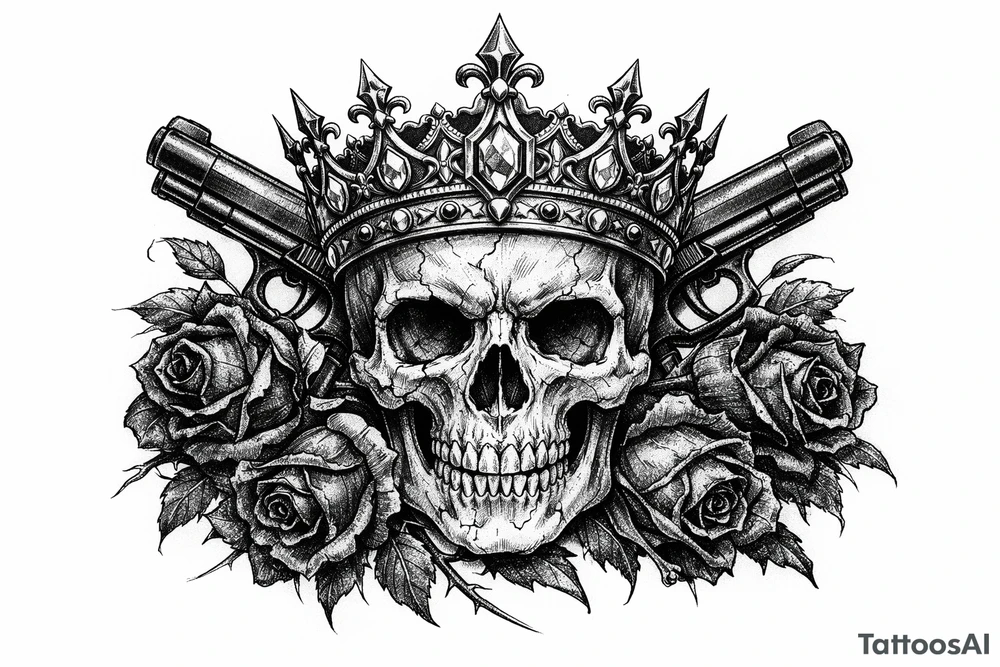 Close-up gothic skull with jeweled crown, pistols, and wilting dark red roses. tattoo idea