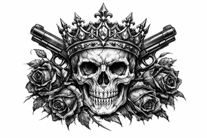Close-up gothic skull with jeweled crown, pistols, and wilting dark red roses. tattoo idea