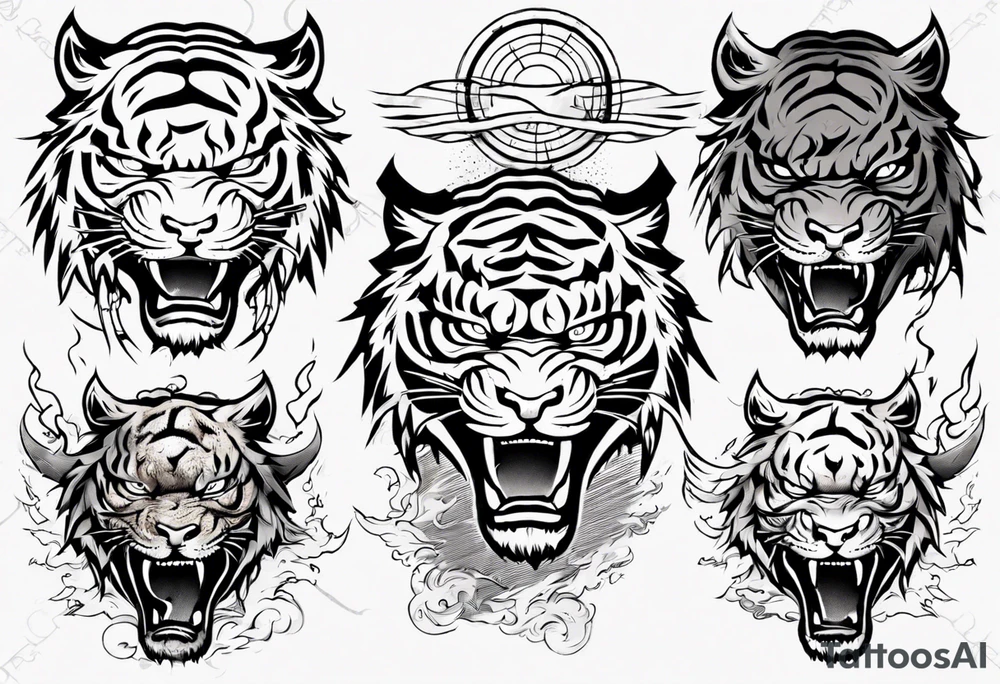 tiger warrior with lightning and the sun for a forearm sleeve tattoo idea