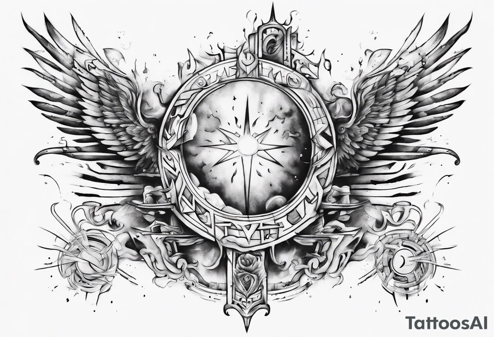 Chest tatoo abstraction with sun and letters and angels tattoo idea