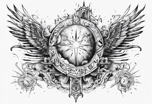 Chest tatoo abstraction with sun and letters and angels tattoo idea