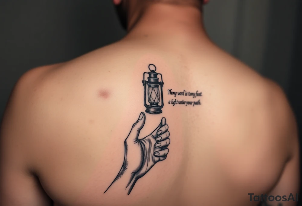 Someone holding a small lantern to light up a road with the text: "Thy word is a lamp unto my feet a light unto my path." The tattoo should be on the forearm tattoo idea