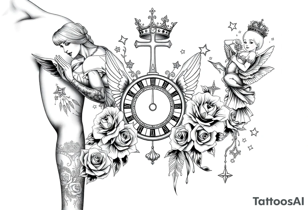 Roulette casino and princess and cross, baby angels, roses and clock and stars and fish, crown tattoo idea