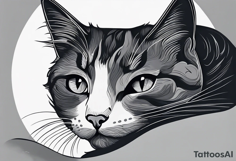 Simple line drawing of a grey cat white some small white patches on her belly and white paws. Face is all grey.  I want her curled up sleeping. tattoo idea