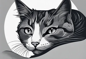 Simple line drawing of a grey cat white some small white patches on her belly and white paws. Face is all grey.  I want her curled up sleeping. tattoo idea