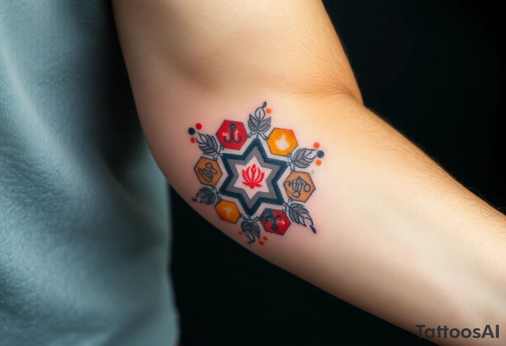 Good karma symbols inside honey combs tattoo idea