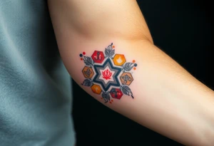 Good karma symbols inside honey combs tattoo idea