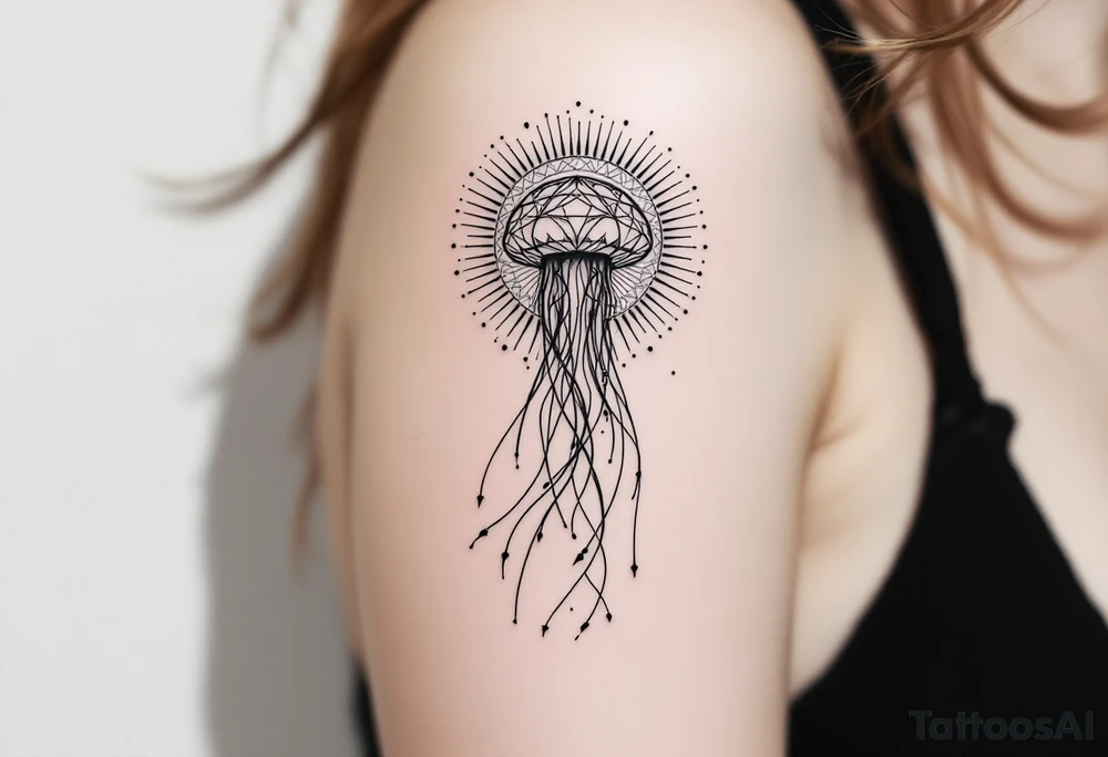 small, minimal fine-line tattoo, single jellyfish, sacred geometry surround, dotwork patterns, jellyfish bell dome, flowing tentacles, trailing streamers, geometric mandala, radiating dotwork, minimalist design, black grey lines, soft shading, no outlines, geometric frame, organic jellyfish form, upper arm shoulder placement, light airy feel, delicate linework, geometric backdrop, clean lines, radiating patterns, simple jellyfish centerpiece, minimalist, psychedelic tattoo idea