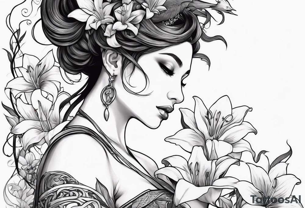 a side view of lilith holding a serpent and surrounded by lilies tattoo idea