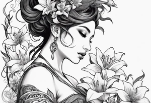 a side view of lilith holding a serpent and surrounded by lilies tattoo idea