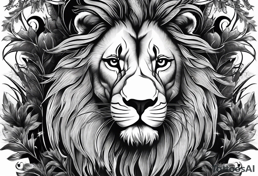 lions face transposed into a dark forest tattoo idea