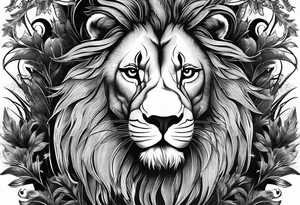 lions face transposed into a dark forest tattoo idea