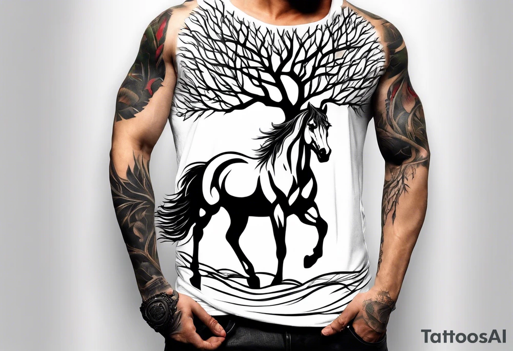 Realistic Horse and Yggdrasil tree tattoo idea