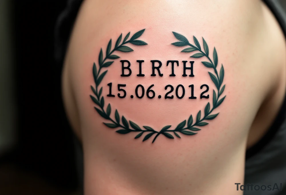 Birth date 15.06.2012 in typewriter font encased in a dusty green laurel wreath. tattoo idea
