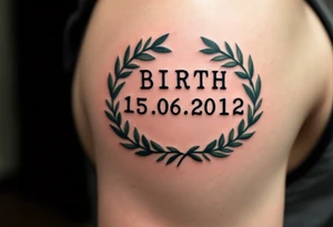 Birth date 15.06.2012 in typewriter font encased in a dusty green laurel wreath. tattoo idea