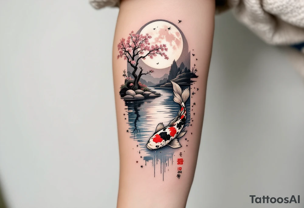 a koi fish swimming upstream in a pond moonlight by the full moon with a sakura tree by the pond tattoo idea