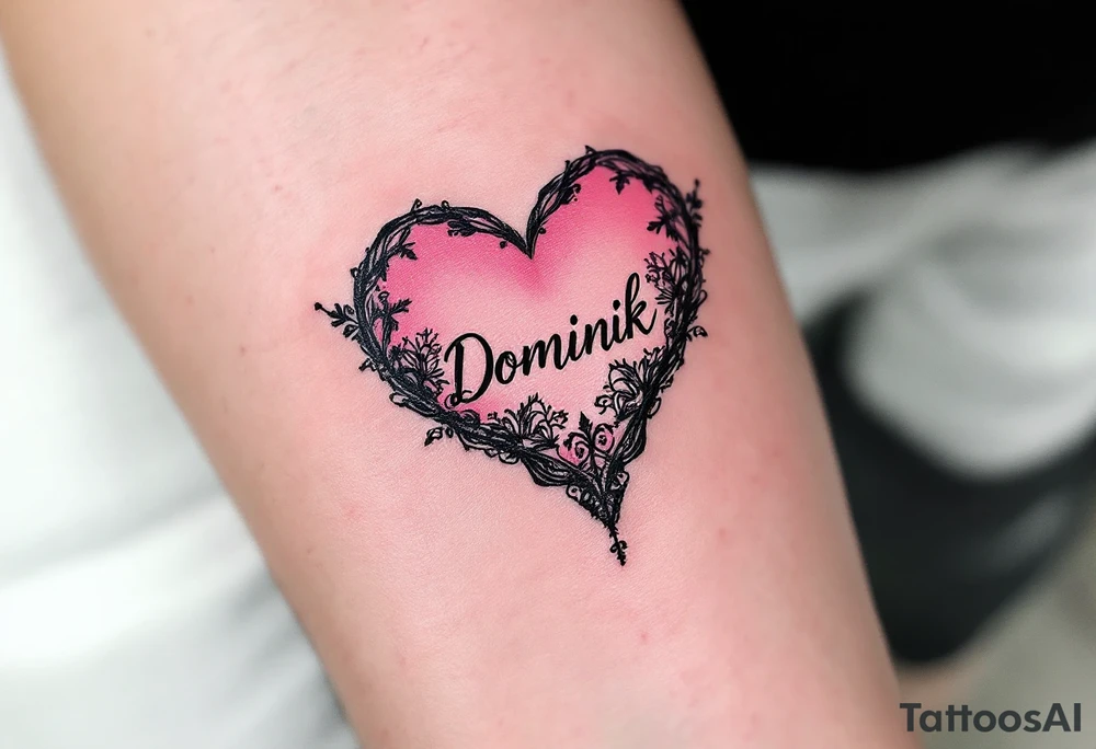 A solid pink heart with lace-like details and the name Dominik in script. tattoo idea
