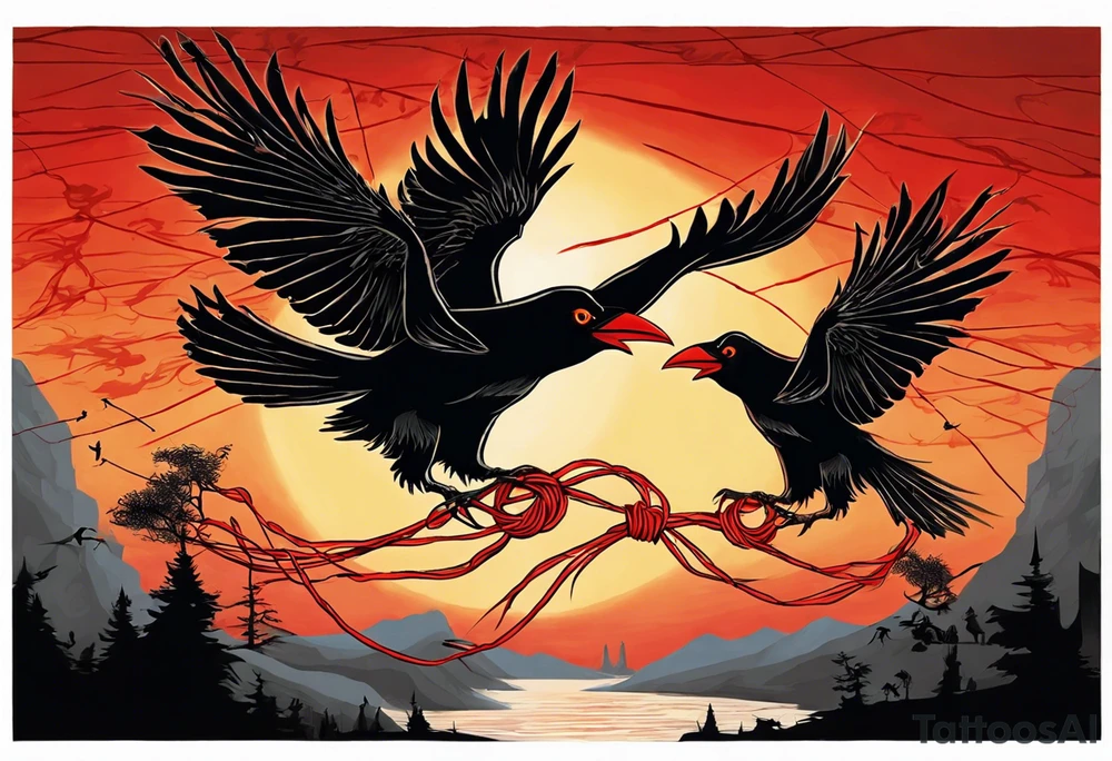 The two black crows at the end of the movie "Secret of NIHM" as they fly away into the sunset carrying some red string between them. tattoo idea