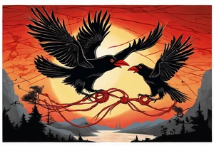 The two black crows at the end of the movie "Secret of NIHM" as they fly away into the sunset carrying some red string between them. tattoo idea