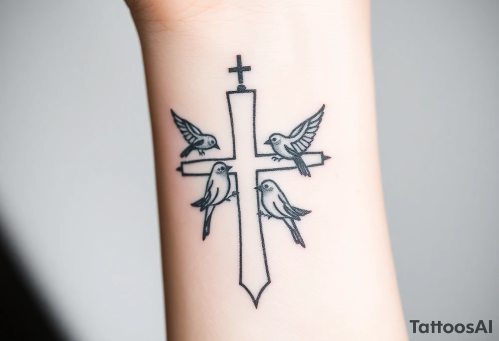 Weathered cross with 4 birds tattoo idea